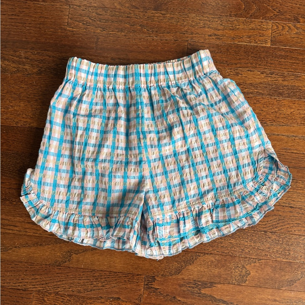 Ganni Blue & Cream Plaid Ruffle-Hem High Waist Shorts